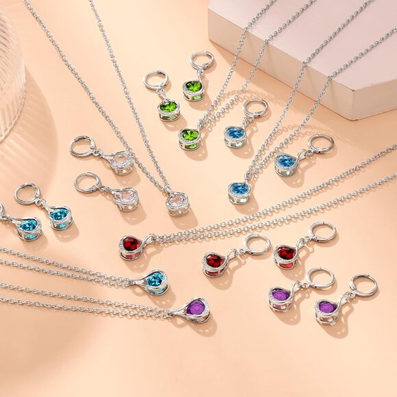 Genuine Birthstone Jewelry Set For Women Silver Plated Cz Choker Infinity Neckla - Picture 3 of 7